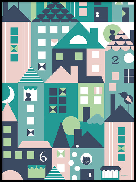 Poster: En liten stad, rosa och blå, av ANNABOYE